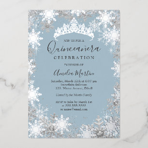 Winter Snowflake Dusty Blue Silver Quinceanera Folieneinladung