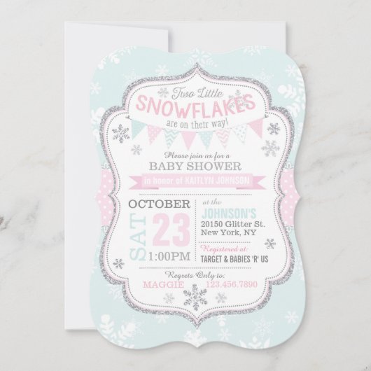 Winter Snowflake Glitzer Twins Kinderdusche Einladung (Vorderseite)