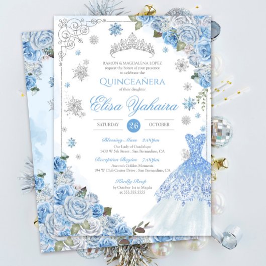 Winter Snowflake Ice Blue Silver Quinceañera Einladung