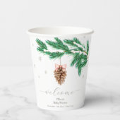 Winter Snowflake Pine cone Baby Shower Welcome Pappbecher (Rückseite)