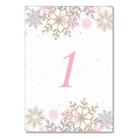 Winter Snowflake Pink and Gold Baby Showtisch N Tischnummer (Vorderseite)
