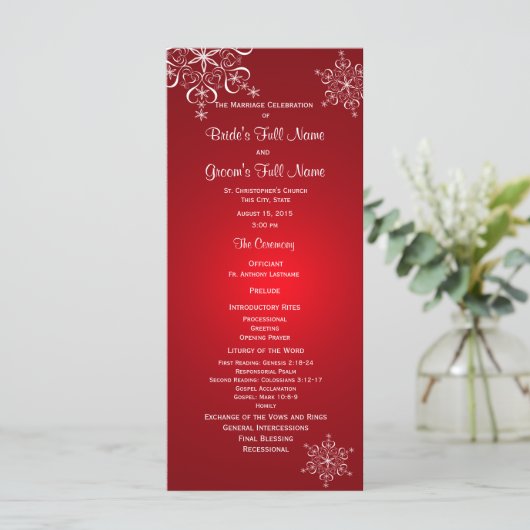 Winter Snowflake Red Wedding Programm (Stehend Vorderseite)