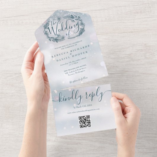Winter Snowflake Rustikaler QR Code Hochzeit All In One Einladung (Abreißen)