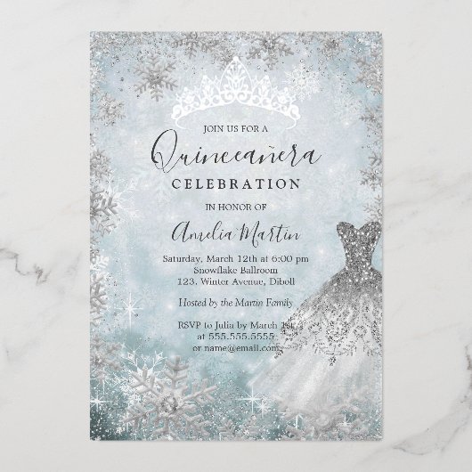 Winter Snowflake Silver Blue Quinceanera Frische P Folieneinladung (Vorderseite)