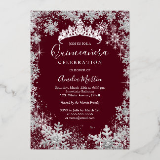 Winter Snowflake Silver Burgundy Quinceanera Folieneinladung