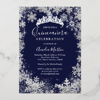 Winter Snowflake Silver Navy Quinceanera Folieneinladung
