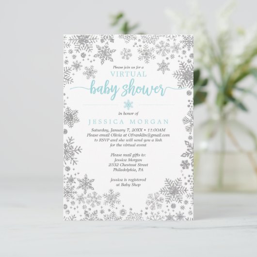 Winter Snowflake Virtual Baby Dusche Einladung (Stehend Vorderseite)