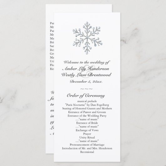 Winter Snowflake Wedding Programm (weiß) (Vorne/Hinten)