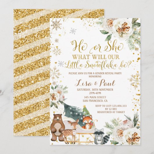 Winter Snowflake Woodland Tiere Gender-Bericht Einladung (Vorne/Hinten)