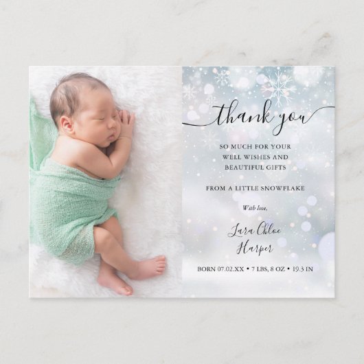 Winter Snowflakes Baby Foto Danke, dass Sie Geburt Ankündigungspostkarte (Vorderseite)