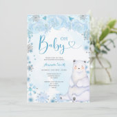 Winter Snowflakes Bear Blue Flowers Babydusche Einladung (Stehend Vorderseite)