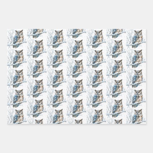 Winter Snowflakes Blue Owl Christmas Snow Geschenkpapier Set (Vorderseite)