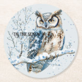 Winter Snowflakes Blue Owl Christmas Snow Runder Pappuntersetzer (Vorderseite)