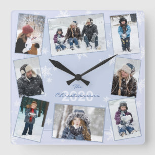 Winter Snowflakes Family Foto Collage Name Jahr Quadratische Wanduhr