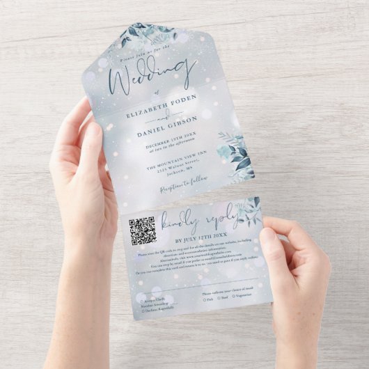 Winter Snowflakes Floral QR Code Hochzeit All In One Einladung (Abreißen)
