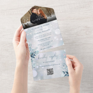 Winter Snowflakes Floral QR Code Hochzeit Foto All In One Einladung