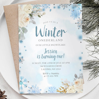 Winter Snowflakes Onederland 1. Geburtstag Floral Einladung