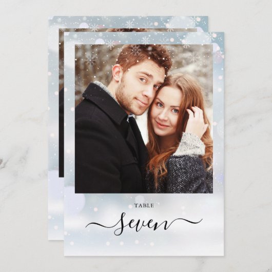 Winter Snowflakes Script Foto Tischnummer (Vorne/Hinten)