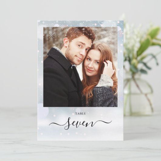 Winter Snowflakes Script Foto Tischnummer (Stehend Vorderseite)