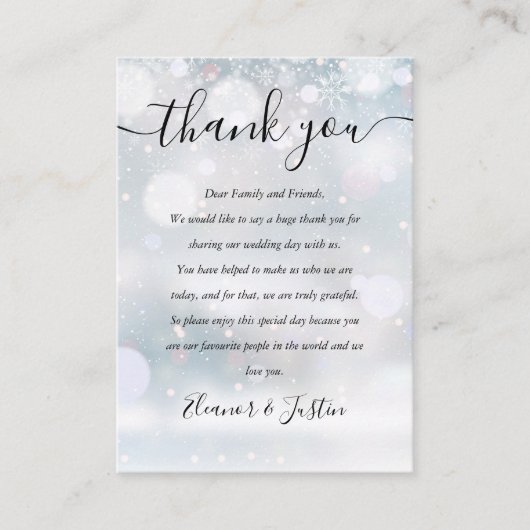 Winter Snowflakes Script Wedding Danke Platzkarte (Vorderseite)