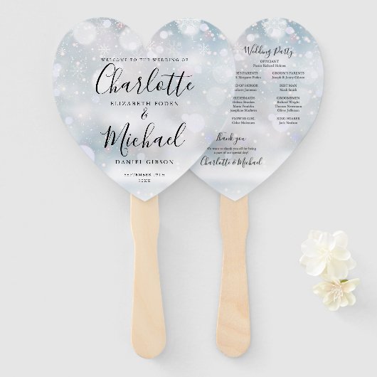 Winter Snowflakes Script Wedding Programm Herz Fächer (Vorne und Hinten)