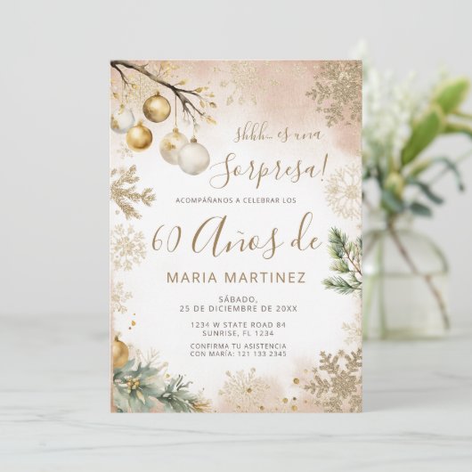 Winter Snowflakes Spanish Sorpresa 60th Birthday Einladung (Stehend Vorderseite)