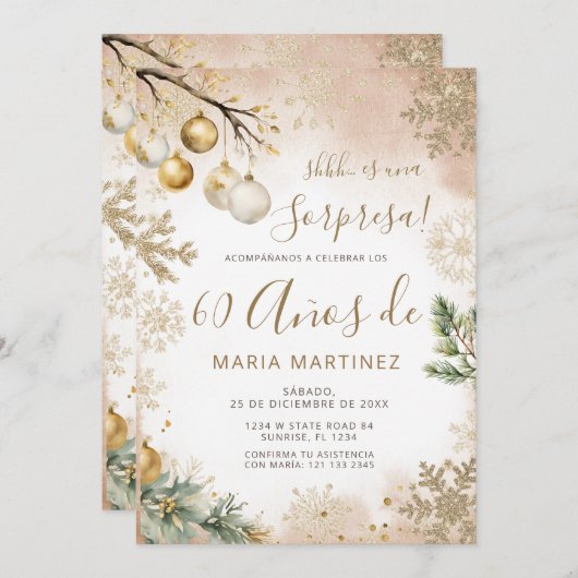 Winter Snowflakes Spanish Sorpresa 60th Birthday Einladung (Vorne/Hinten)