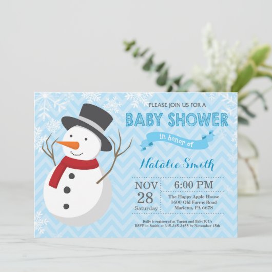 Winter Snowman Boy Baby Shower Einladung (Stehend Vorderseite)