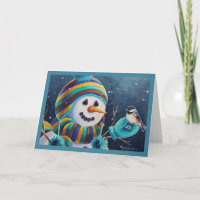 Winter Snowman Füttre Chickadee Bird Wasserfarbe K