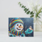 Winter Snowman Füttre Chickadee Bird Wasserfarbe K Postkarte (Stehend Vorderseite)