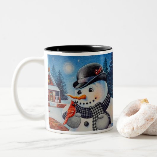 Winter Snowman & Red Kardinal Bird - Farbe der Mee Zweifarbige Tasse (Mit Donut)
