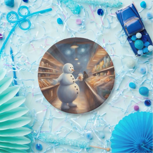 Winter Snowman shopping with coffee birthday party Pappteller (Party)