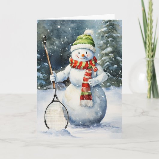 Winter Snowman Tennis Fans Weihnachtsfest Feiertagskarte (Vorderseite)