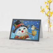 Winter Snowman und Chickadee Bird Wassercolor Art Karte (Gelbe Blume)
