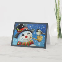 Winter Snowman und Chickadee Bird Wassercolor Art