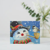 Winter Snowman und Chickadee Bird Wassercolor Art Postkarte (Stehend Vorderseite)