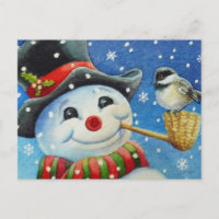 Winter Snowman und Chickadee Bird Wassercolor Art