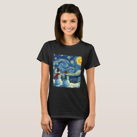 Winter Snowman Van Gogh Starry Night Christmas T-Shirt (Vorne ganz)