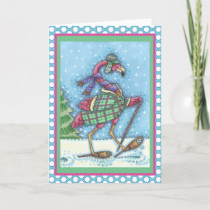 WINTER SNOWSHOES PINK FLAMINGO GREETING CARD Verse Feiertagskarte