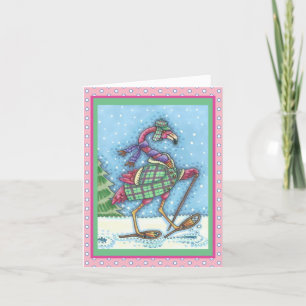 WINTER SNOWSHOES PINK FLAMINGO GREETKARTE Leere Feiertagskarte