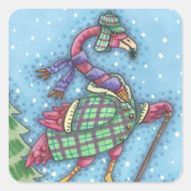 WINTER SNOWSHOUES PINK FLAMINGO STICKERS Sheet Squ