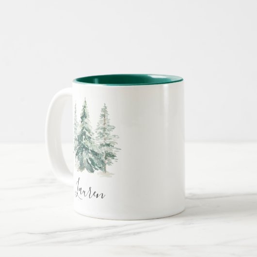 Winter Snowy Pine Tree Weihnachten Zweifarbige Tasse (Vorderseite Links)