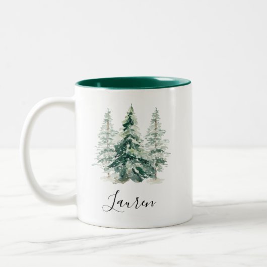 Winter Snowy Pine Tree Weihnachten Zweifarbige Tasse (Links)