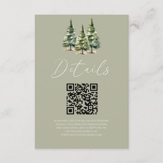 Winter Snowy Pine Trees QR Code Hochzeiten Details Begleitkarte (Vorderseite)