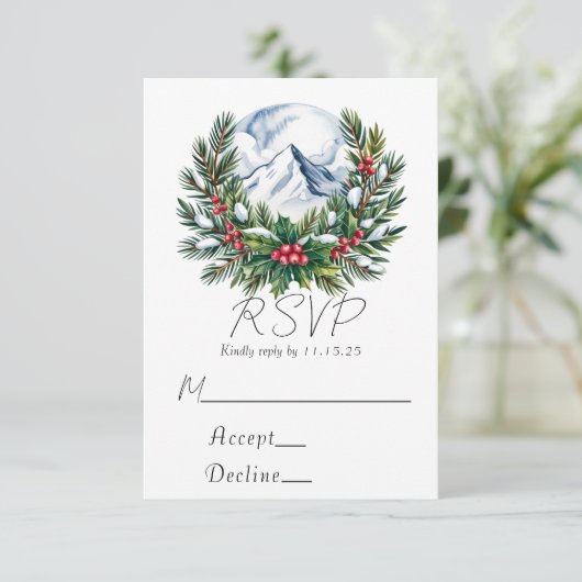 Winter Snowy Pine Wreath Wedding RSVP (Stehend Vorderseite)