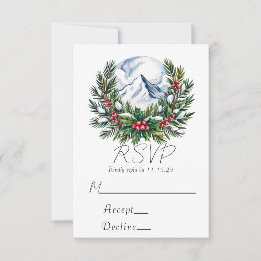 Winter Snowy Pine Wreath Wedding RSVP Karte (Vorderseite)