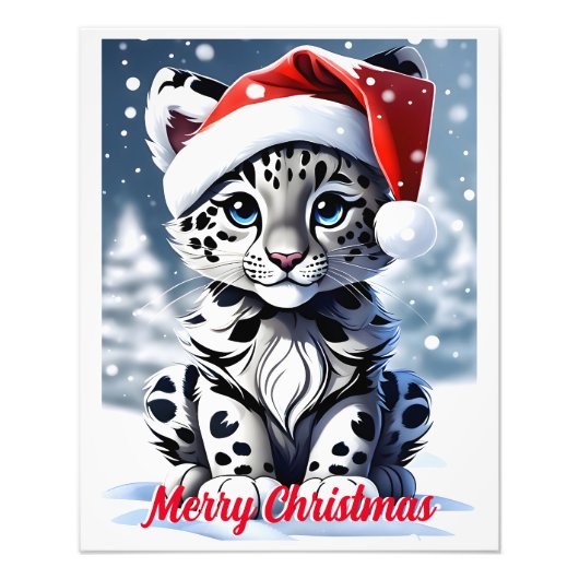 Winter Snowy Santa Niedlich Snow Leopard Cub Weihn Fotodruck (Vorne)