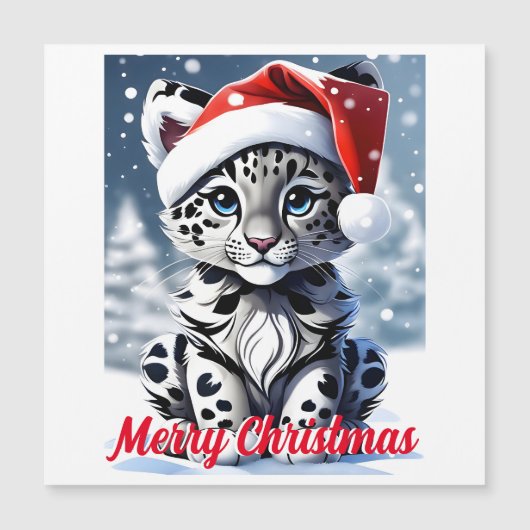 Winter Snowy Santa Niedlich Snow Leopard Cub Weihn Magnetkarte (Vorderseite)