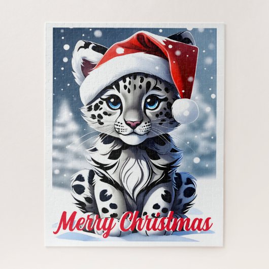 Winter Snowy Santa Niedlich Snow Leopard Cub Weihn Puzzle (Vertikal)