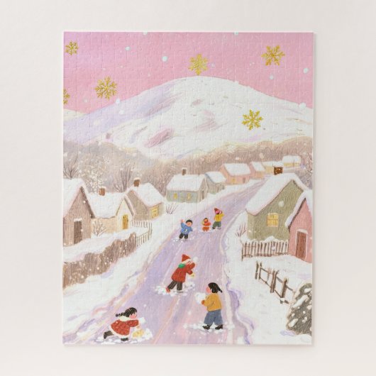 Winter snowy village, children playing, pink hues puzzle (Vertikal)